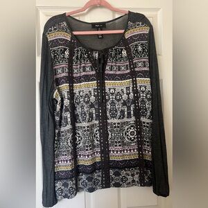 Bohemian Black and White Graphic Tie Front Blouse